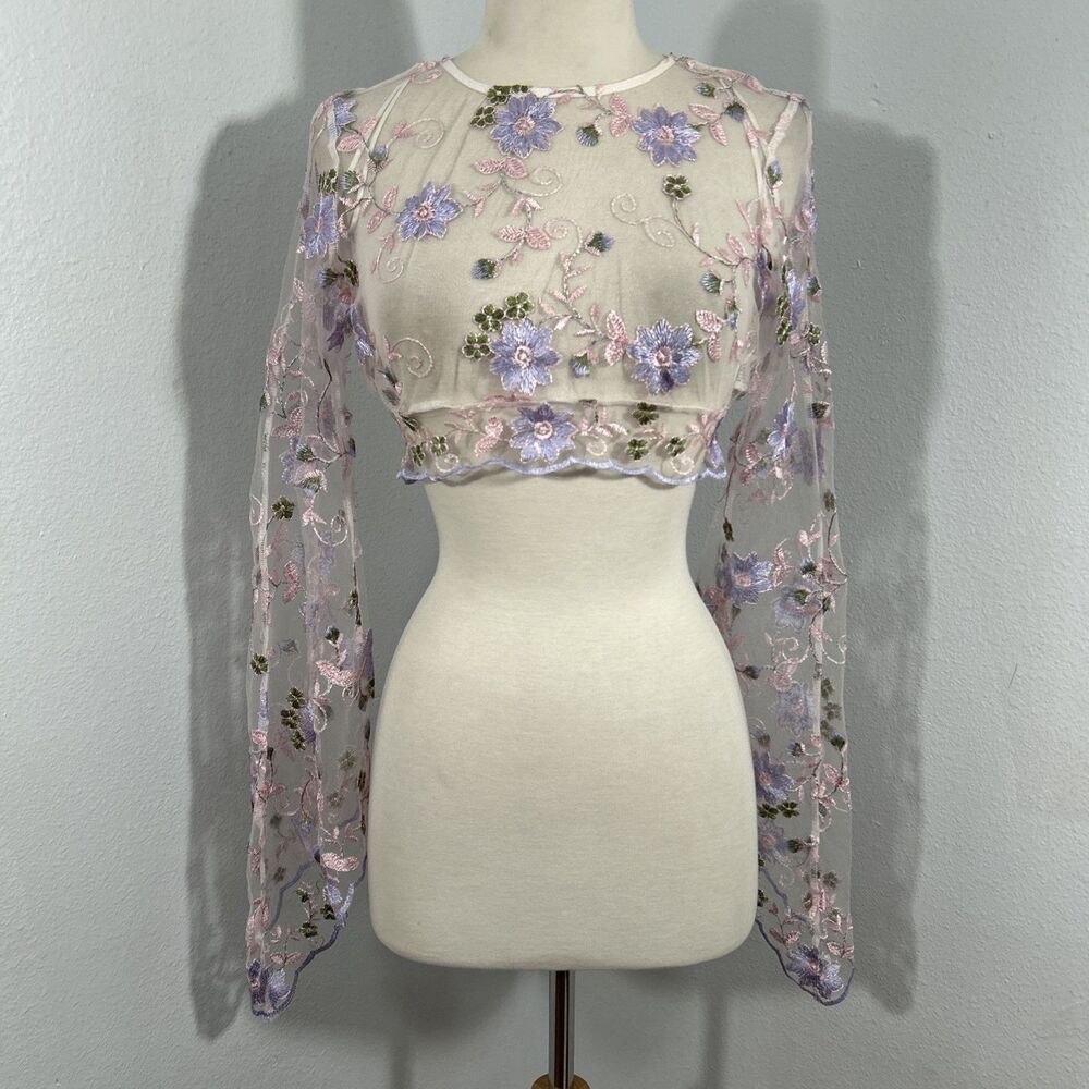 E and I The Label Crop Top Womens Medium Mesh Embroidered‎ Fairycore  90s Y2K